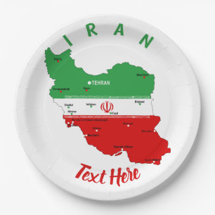Iran kaart met vlag en embleem papieren bordje