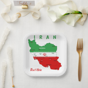 Iran kaart met vlag en embleem papieren bordje