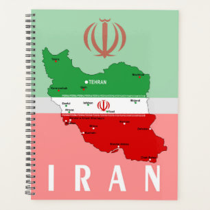 Iran kaart met vlag en embleem planner