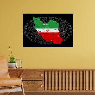 Iran kaart met vlag en embleem poster