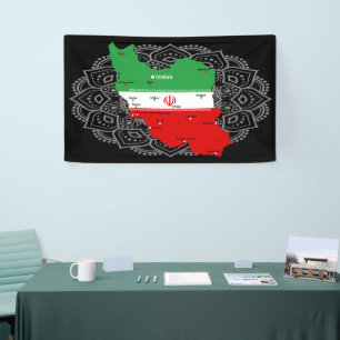 Iran kaart met vlag en embleem spandoek