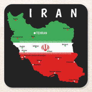 Iran kaart met vlag en embleem vierkante kartonnen onderzetter