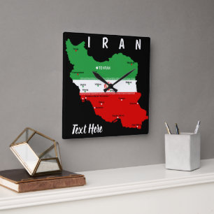Iran Kaart met Vlag en Embleem Vierkante Klok