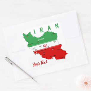 Iran kaart met vlag en embleem vierkante sticker