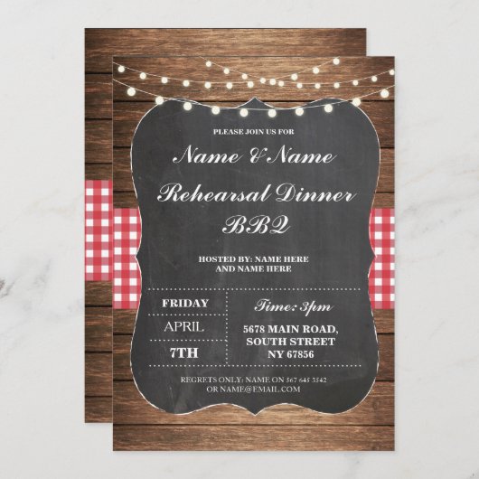 IRehearsal Dinner BBQ Red Check Chalk Uitnodiging (Voorkant / Achterkant)