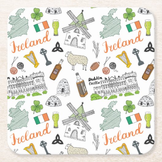 Ireland Sketch Doodle Pattern Vierkante Kartonnen Onderzetter (Voorkant)