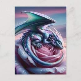 Iridescent Baby Dragon Asleep on Pink Rose Briefkaart