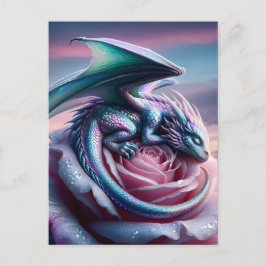 Iridescent Baby Dragon Asleep on Pink Rose Briefkaart