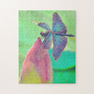 Iridescent Blue Dragonfly op roze waterlily Legpuzzel