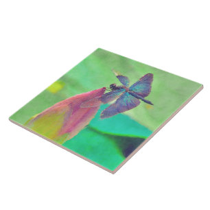 Iridescent Blue Dragonfly op waterlily Tegeltje