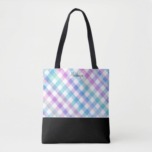 Iridescent Blue Gingham Pattern met Monogram Draagtas (Voorkant)