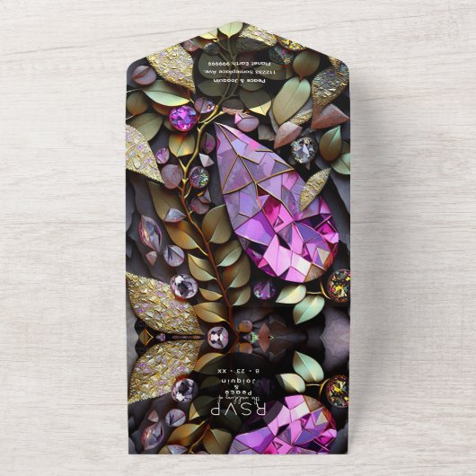 Iridescent Crystal Gemstenen, Roze, Gold All In One Uitnodiging (Buitenkant)