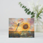 Iridescent Dragonfly Rustic Sunflower Briefkaart (Staand voorkant)