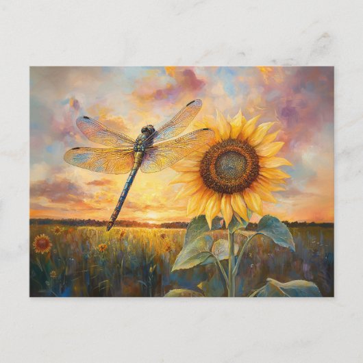 Iridescent Dragonfly Rustic Sunflower Briefkaart (Voorkant)