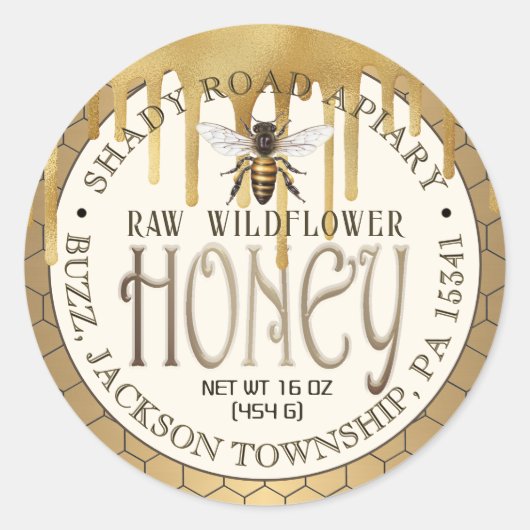 Iridescent Gold Drips Honey Label met Honeycomb (Voorkant)