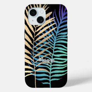 Iridescent/Gold Tropical Leaves Script naam, zwart