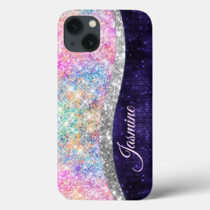 Iridescent paars zilveren faux glitter monogram iPhone 13 hoesje