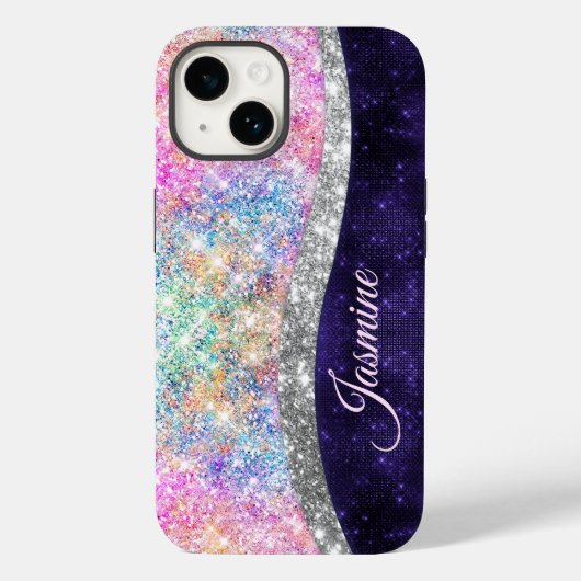 Iridescent paars zilveren faux glitter monogram Case-Mate iPhone case (Achterkant)