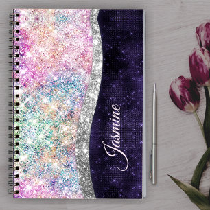 Iridescent paars zilveren faux glitter monogram notitieboek