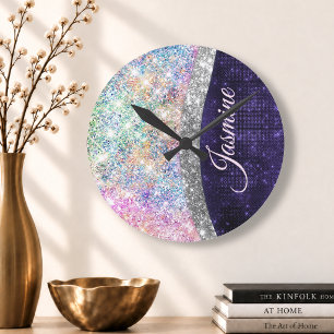 Iridescent paars zilveren faux glitter monogram ronde klok