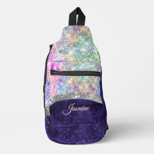 Iridescent paars zilveren faux glitter monogram sling bag