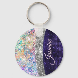 Iridescent paarse zilveren faux glitter monogram sleutelhanger