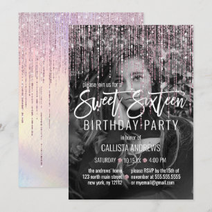 Iridescent Pink Glitter Fringe Foto Sweet 16 Kaart