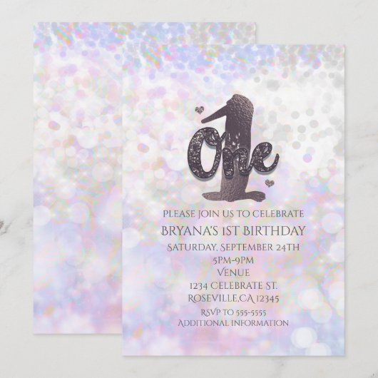 Iridescent Sparkle One 1st Birthday Invitations Kaart (Voorkant / Achterkant)