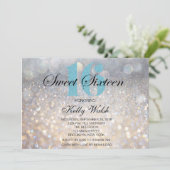 Iridescent Sweet 16 Light Blue Glitter Invitation Kaart (Staand voorkant)
