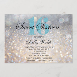 Iridescent Sweet 16 Light Blue Glitter Invitation Kaart
