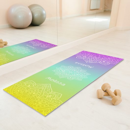 Iridescent Teal Rainbow Gradient Mandala With Name Yogamat