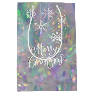 Iridescent Tinsel Merry White Snowflake Medium Cadeauzakje