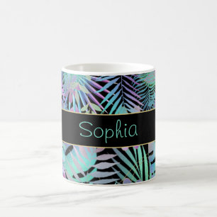 Iridescent Tropical Leaves, DIY Blauwgroen Name, B Koffiemok