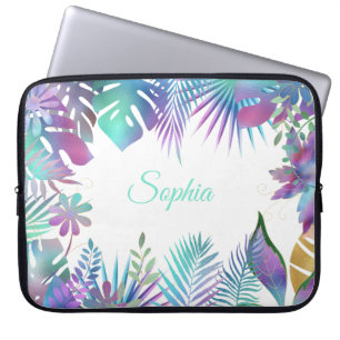 Iridescent Tropical Leaves, DIY Paars Name, White Laptop Sleeve