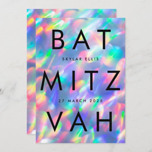 Iridescent Ultra Modern bat mitswa QR CODE RSVP Kaart (Voorkant / Achterkant)