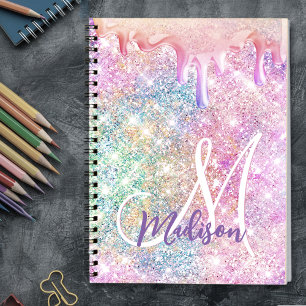 Iridescent unicorn roze faux glitter drip monogram notitieboek