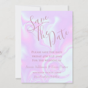 Iridescent unicorn skin faux holographic textuur save the date