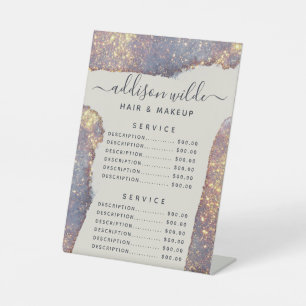 Iridescente Paarse Goud Glam Glitter Service Prijs Reclamebord Met Voetstuk