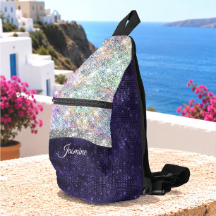 Iridescente paarse zilveren nepschitterende monogr sling bag