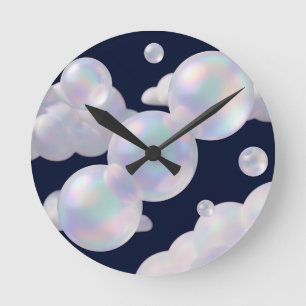 Iridescente zeepbellen zweven donkerblauwe dromeri ronde klok