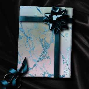 Iridiscerende Marmer   Trendy Nep Holo Blauw Roze Cadeaupapier