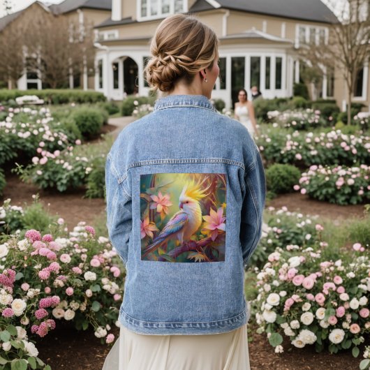 Iridiscerende Vleugel Cockatiel Fantasie Vogel Denim Jacket (Huwelijk Achterkant)