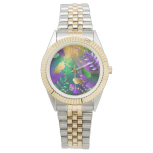 Iridiserende achtergrond voor mardi gras met krale horloge