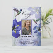 Iris and Hummingbird Celebration of Life Funeral Kaart (Staand voorkant)