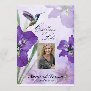 Iris and Hummingbird Celebration of Life Funeral Kaart