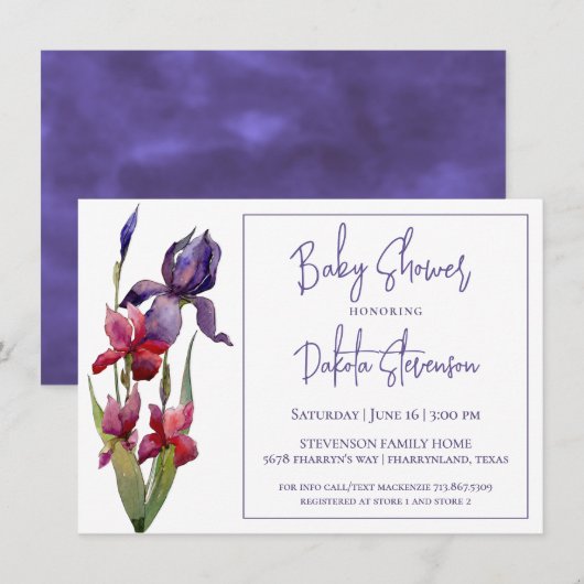 Iris Baby shower | Paarse koninklijke bloem Kaart (Voorkant / Achterkant)