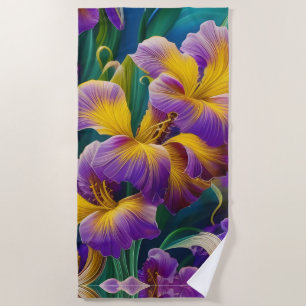 Iris Bloem Paars en goud blauwgroene bladeren Strandlaken