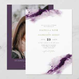 IRIS   Boho Plum Paars Gold Waterverf Wedding Kaart