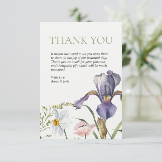 Iris Botanische Lavendel Bloemen Blush Huwelijk Bedankkaart (Staand voorkant)