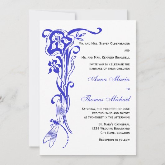 Iris & Dragonfly Royal Blue Faire-part de mariage (Devant)
